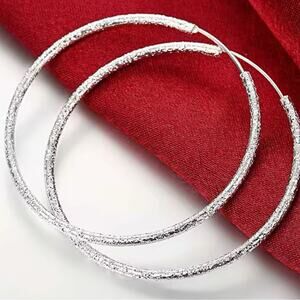 925 Sterling silver Elegant frosted  Hoop Earrings 50MM